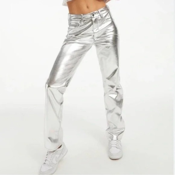 Good American Good Icon Metallic Faux Leather Pants Silver